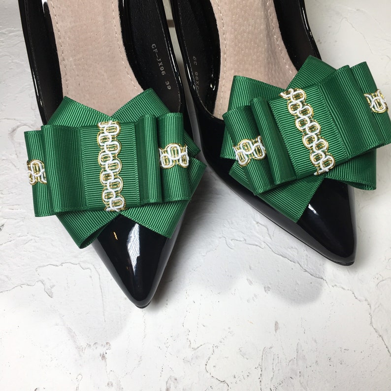 Designer green bow shoe clips. Etsy