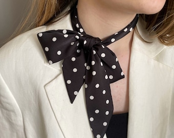 Skinny Scarf for women in black with white dots. Black silk bow Scarf. Neck Scarf. Narrow Scarf. Black Neck Tie. Black silk bow Scarf.