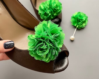 Flower Shoe Clips. Hot green flowers shoe clips and lapel pin. Set of 2. Gift for Her.