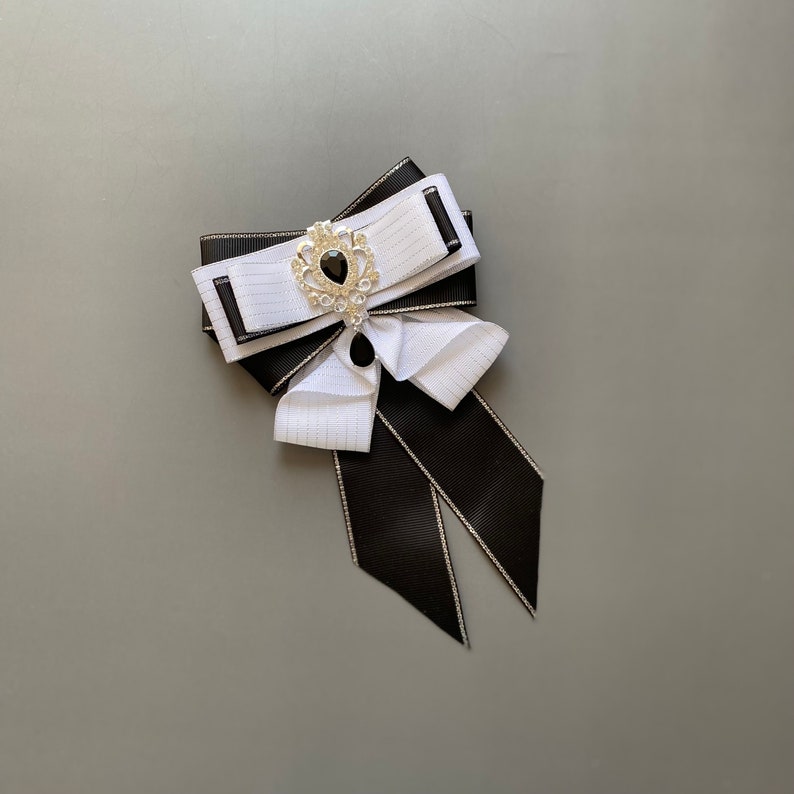 Black Ribbon Bow Brooch. Women Handmade Brooch. Girls Bowtie. Ribbon Bow Brooch. Bowknot. Long Bowtie. image 10