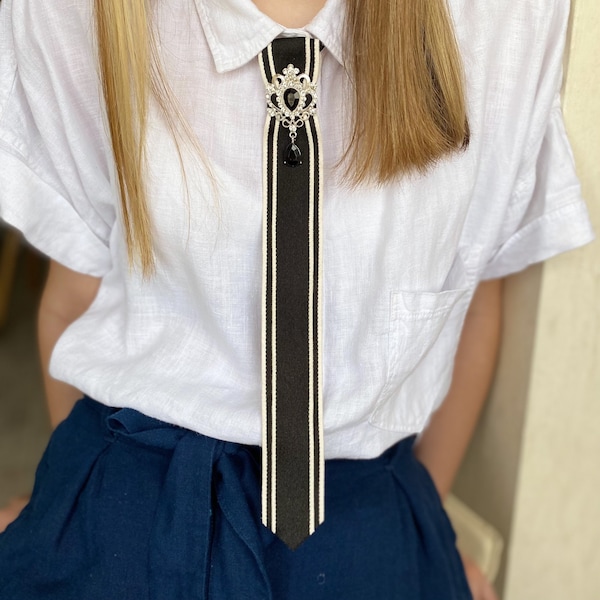 Black-white bow tie with a rhinestone center. Skinny tie for women's. Accessories for dress shirt. Halloween brooch.