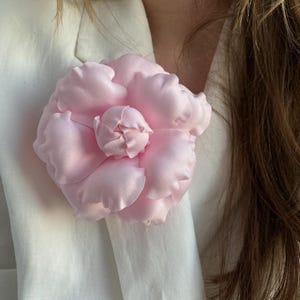 Pink Camellia 5". High End Satin Camellia Brooch. Bridal couture. Hat brooch. Oversize brooch. Camellia pins. Gift for wife