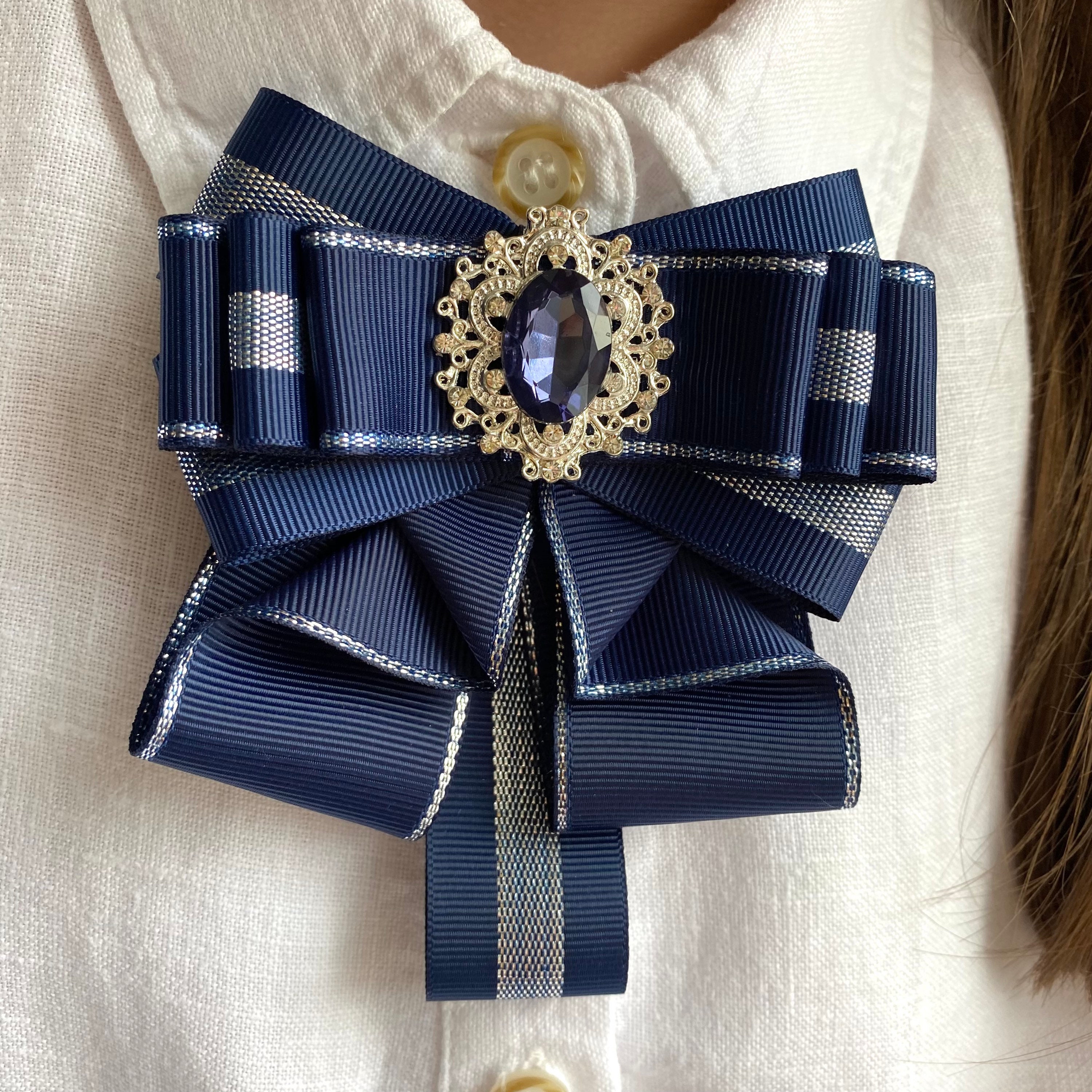Spilla con fiocco in nastro di seta, spilla con strass di cristallo, papillon da uomo e donna, colletto per camicia da sposa, vintage, pre-annodato, cravatta con clip regolabile, blu navy, Taglia