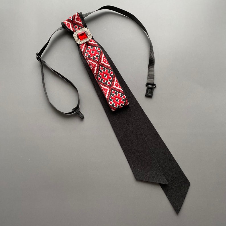 Embroidery Accessory. Black Red Bow Tie With a Rhinestone Center