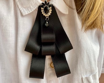 Black Ribbon Bow Brooch with Rhinestone, Handmade Bow Tie