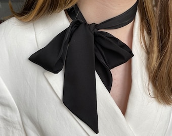 Skinny Scarf for women. Black silk bow Scarf. Neck Scarf. Narrow Scarf. Black Choker. Black Neck Tie. Black silk bow Scarf.