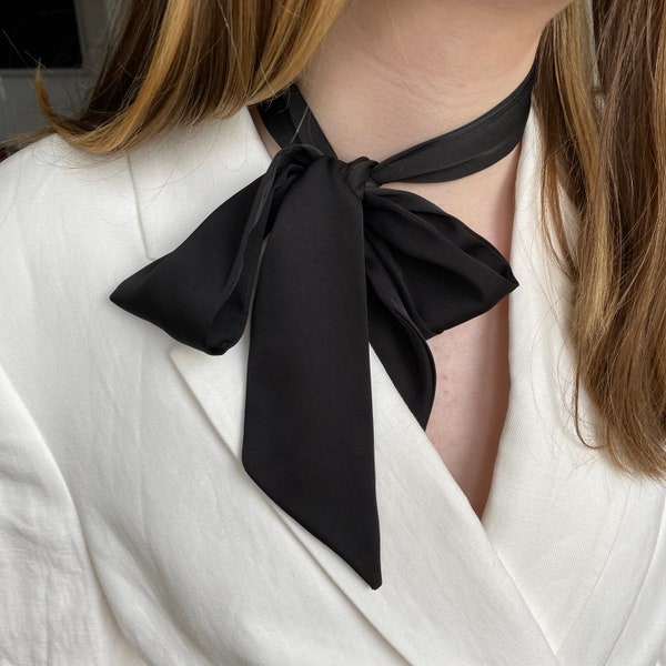 Skinny Scarf for women. Black silk bow Scarf. Neck Scarf. Narrow Scarf. Black Choker. Black Neck Tie. Black silk bow Scarf.