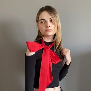 Red Silk Bow Scarf: Versatile Choker, Neck Tie, Headband