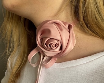 Dusty Pink Silk Rose Choker: Bohemian Velvet Ribbon Necklace