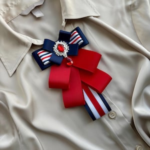 Red bow Brooch Tie for women. 4th of July brooch. Red White and Blue Patriotic brooch.