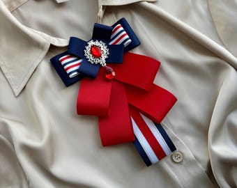 Red White and Blue Patriotic Bow Brooch for Women