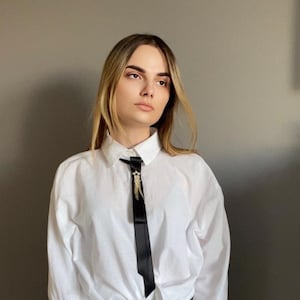 Black cotton tie with decor star. Skinny tie for women's. Accessories for dress shirt. Halloween brooch.
