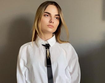 Black Cotton Skinny Tie with Star Brooch, Women's Dress Accessory