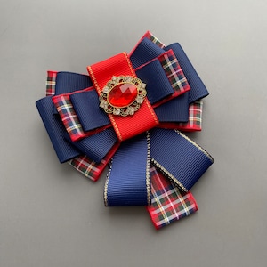 Red tartan brooch. Red cage bow brooch. Handmade women bow tie.