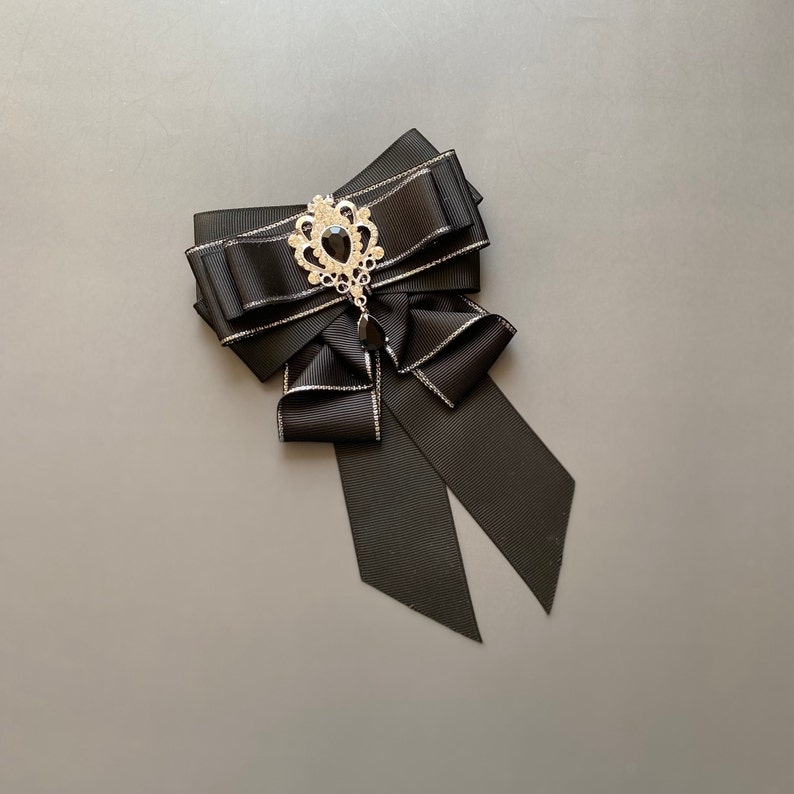 Black Ribbon Bow Brooch. Women Handmade Brooch. Girls Bowtie. Ribbon Bow Brooch. Bowknot. Long Bowtie. image 9