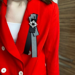 Striped black bow brooch tie for women with decor. Gift  for her.