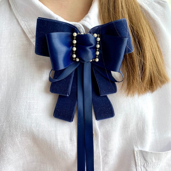 Navy Bow Brooch Tie for Women. Gift for Her. Handmade Women 