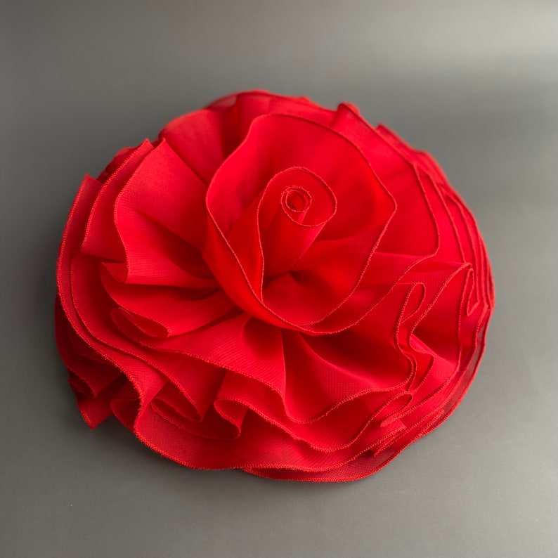 Extra large RED chiffon rose brooch. Oversized shoulder corsage floral pin. RED rose pin. Gift for her. image 7