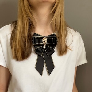 Black Ribbon Bow Brooch. Women Handmade Brooch. Girls Bowtie. Ribbon Bow Brooch. Bowknot. Long Bowtie.
