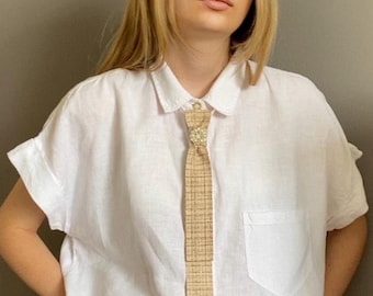 Tweed Bow Tie: Beige Skinny Tie with Pearl Center