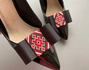 Add a Touch of Ukrainian Vyshyvanka Charm to Your Shoe Collection: Stunning Black Bow Shoe Clips.