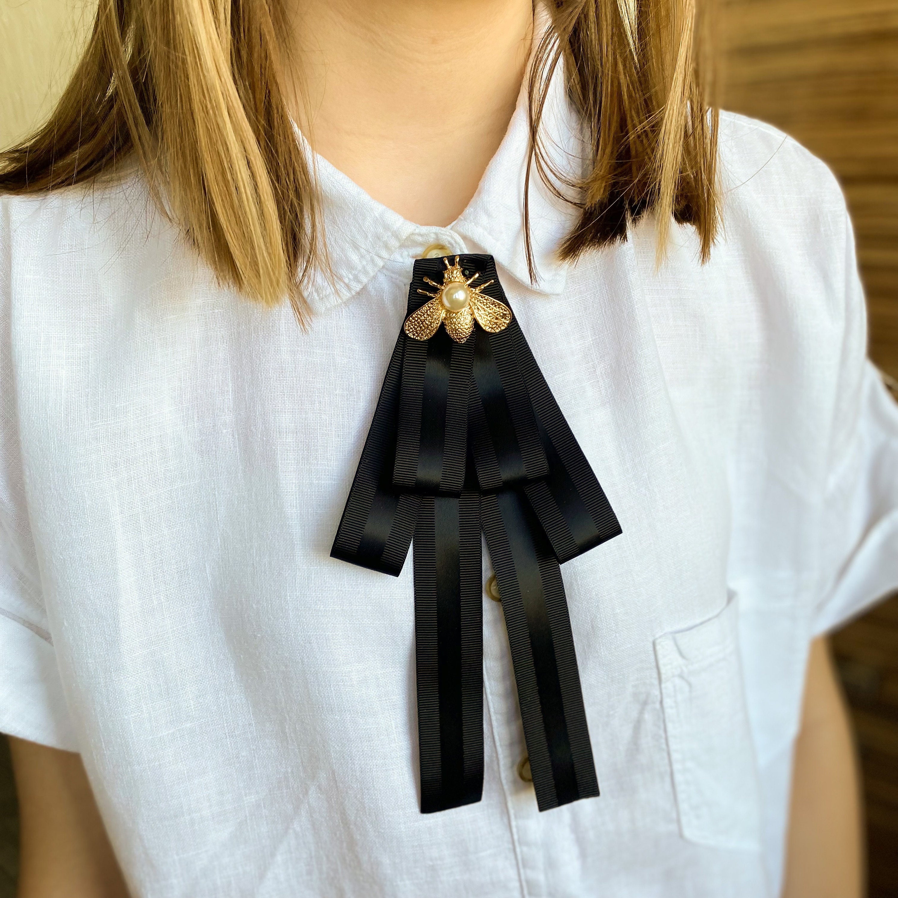 Black Bow Brooch Tie for Women. Halloween Brooch. Handmade Women Bow Tie. 