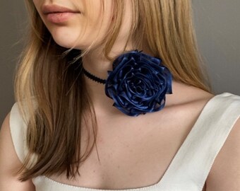 Navy Flower Choker. Organza Rose Choker. Bohemian Necklace