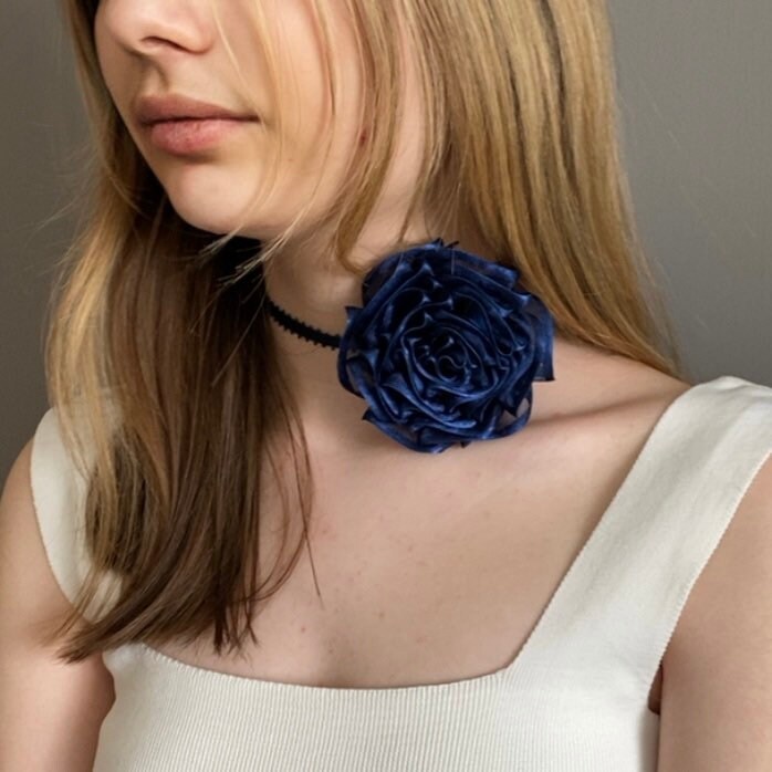 Navy Flower Choker. Organza Rose Choker. Bohemian Necklace