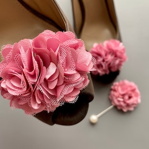 Pinces à chaussures et épinglette fleurs vieux rose. Pinces à chaussures fleuries. Lot de 2. Cadeau pour elle. image 1