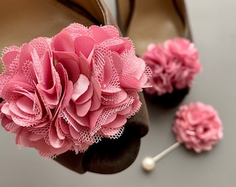 Pinces à chaussures et épinglette fleurs vieux rose. Pinces à chaussures fleuries. Lot de 2. Cadeau pour elle.