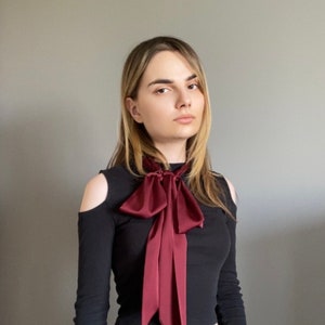 Burgundy silk bow Scarf. Neck Scarf. Narrow Scarf. Red Choker. Red Neck Tie. Red silk bow Scarf.