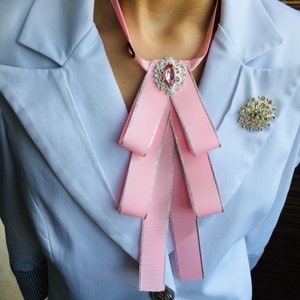 Pink bow brooch tie for women. Handmade women bow tie.