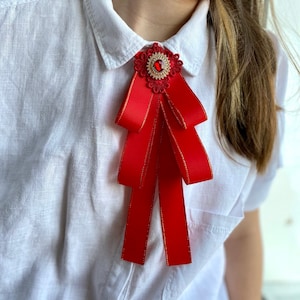 Red bow brooch tie for women. Gift for her. Handmade Valentines gift.