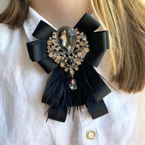 Black brooch with feather. Gift for her.