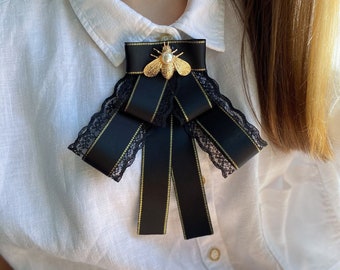 Black bow brooch tie for women with insect. Gift for her.