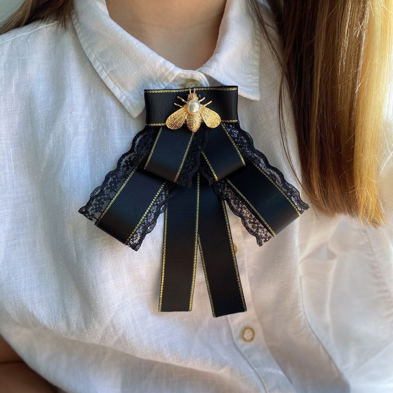 Yizelli Women's Skinny Bow Ties Brooch Shirt Tie Long Ribbon Pre-Tied
