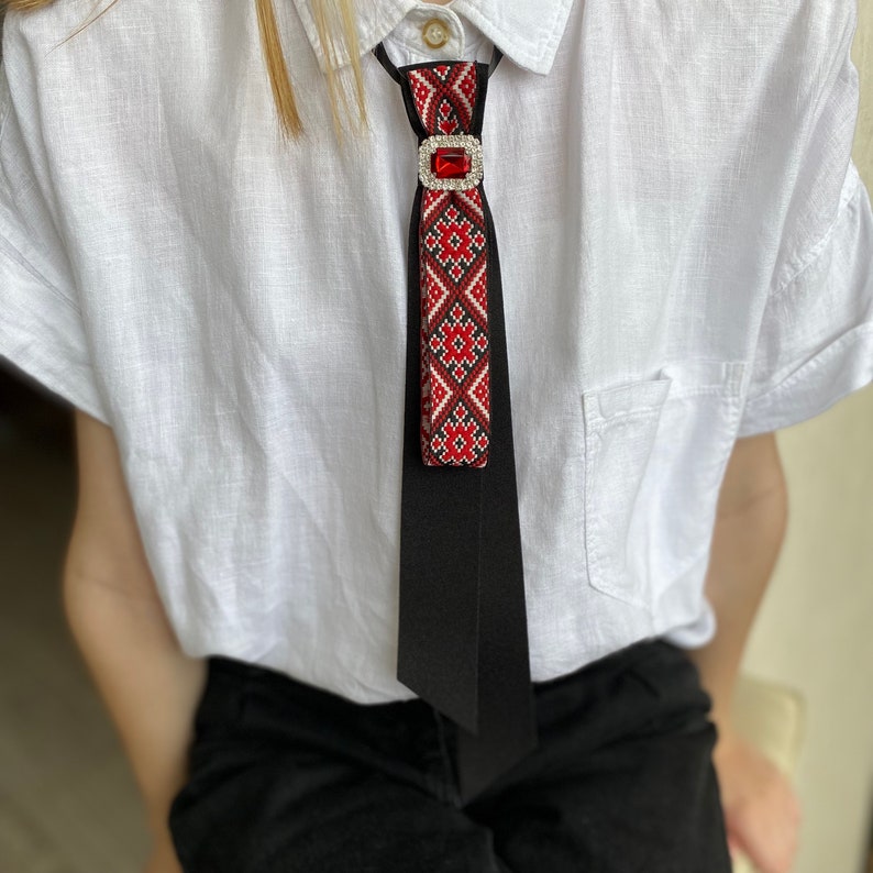Embroidery Accessory. Black Red Bow Tie With a Rhinestone Center