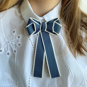 Striped dusty blue bow brooch for women. Handmade women brooch. Gift for her.