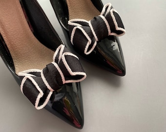 Black striped ribbon Bow Shoe Clips. Set of Two. Gift for Her. Shoe Decorations.