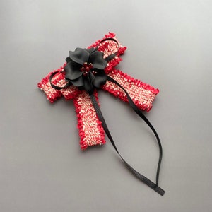 Red brooch in tweed with a black flower. Accessories for dress shirt. Halloween brooch. Handmade RED bow brooch tie for women.