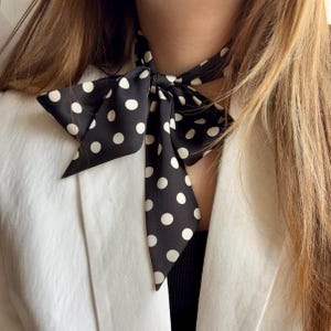 Black Silk Skinny Scarf: White Polka Dot Bow Necktie