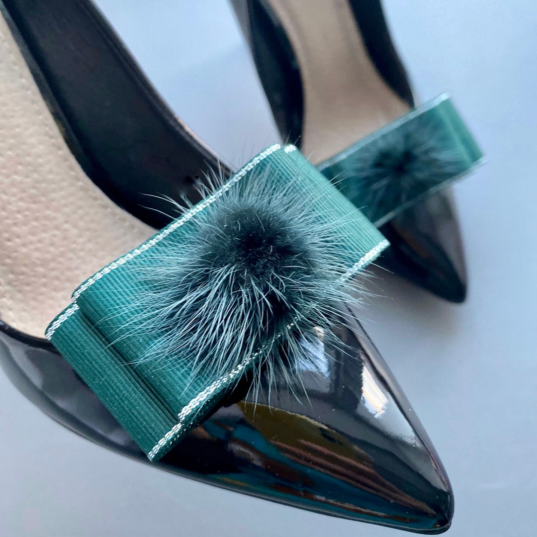 Fur Mink Pom Poms Shoe Clips. Emerald Shoe Clips. Set of 2. Gift for