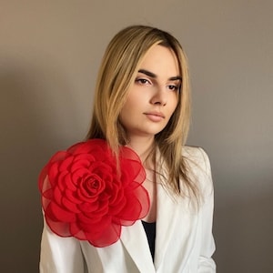 Oversized Red Chiffon Camellia Brooch: Statement Wedding Pin