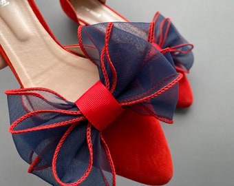 Shoe clips are navy with red striped. Wedding Accessories. Bridal Accessories. Gift for Her.