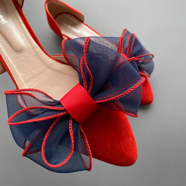 Shoe clips are navy with red striped. Wedding Accessories. Bridal Accessories. Gift for Her.