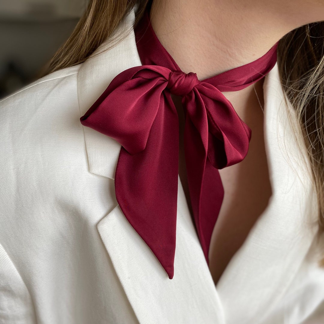 Skinny Scarf for women. Burgundy silk bow Scarf. Neck Scarf. Narrow Scarf. Burgundy Choker. Burgundy Neck Tie. Burgundy silk bow Scarf.
