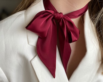 Skinny Scarf for women. Burgundy silk bow Scarf. Neck Scarf. Narrow Scarf. Burgundy Choker. Burgundy Neck Tie. Burgundy silk bow Scarf.