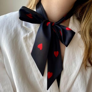 Valentine&#39;s Day Women Gift. Skinny Black Scarf with Red Hearts for Women. Black silk bow Scarf. Neck Scarf. Narrow Scarf. Black Neck Tie.
