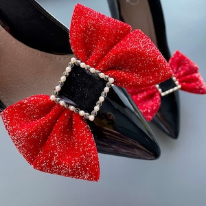 Designer red velvet bow shoe clips. Gift for Her.