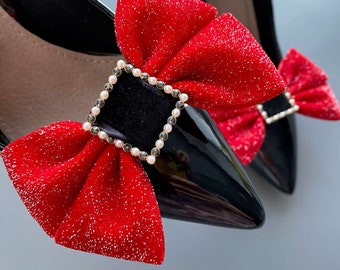 Designer red velvet bow shoe clips. Gift for Her.